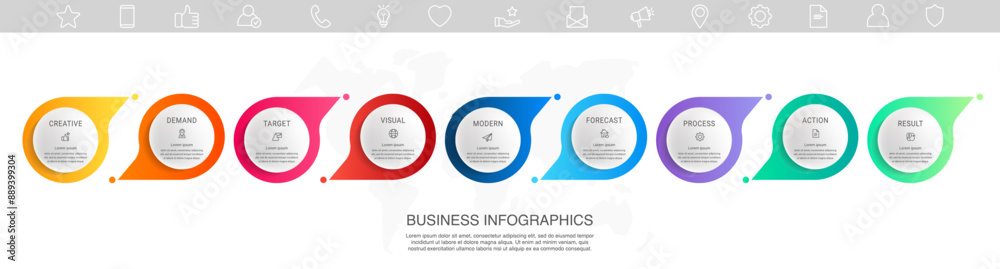 Vector business infographics template. Timeline with 9 circle, icon ...