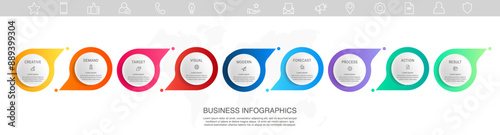 Vector business infographics template. Timeline with 9 circle, icon, arrow, steps, nine number options. Can be used for workflow layout, diagram, chart, banner, web design. Modern illustration