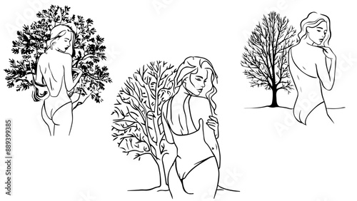 Young long-haired women in swimsuits turned back near tree. Vector set of contour silhouettes in line art style