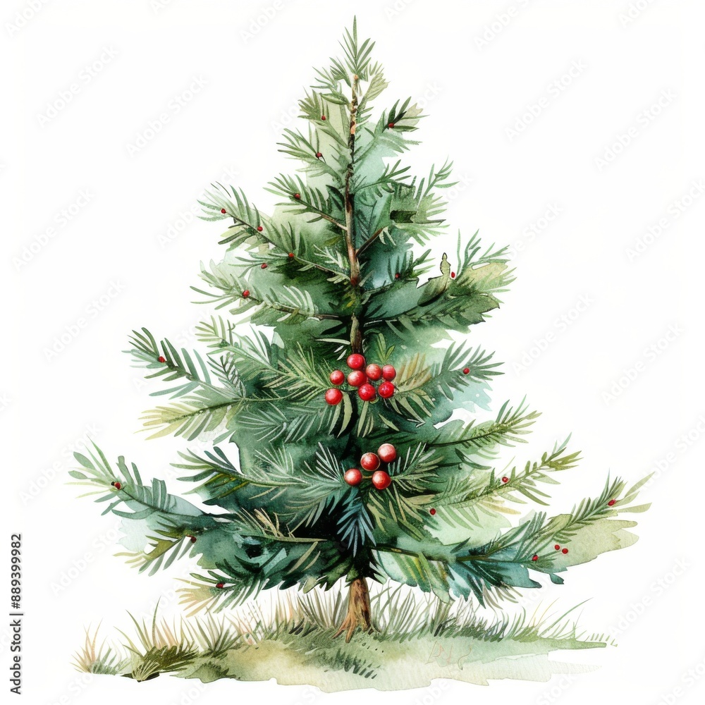 A Christmas tree clipart, holiday element, watercolor illustration, green and red, isolated on white background A Christmas tree clipart, holiday element, watercolor illustration, green and red, isolated on white background