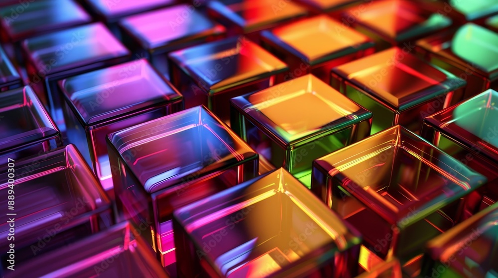 Theme for banner headers, posters, or covers. 3D background wallpaper with glass squares and neon light emitting gradients.