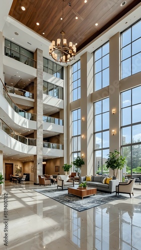 Modern lobby with large windows, wooden ceiling, chandelier and comfortable seating.