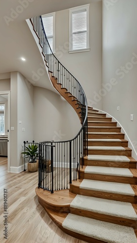 Curved wooden staircase with black iron railing and white carpet runners.