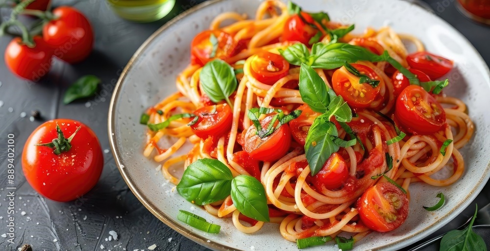 Delicious plate of spaghetti with fresh tomatoes and basil on a rustic table setting, perfect for Italian cuisine and vegetarian recipes. Delicious plate of spaghetti with fresh tomatoes and basil on a rustic table setting, perfect for Italian cuisine and vegetarian recipes.