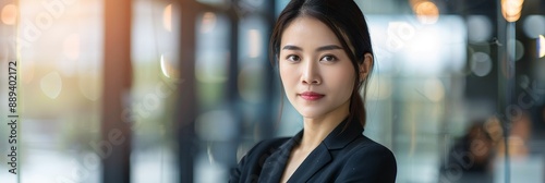 Confident Businesswoman in Modern Office - A confident businesswoman stands with poise in a modern office setting, reflecting professionalism and leadership. The bright lighting and glass windows emph photo