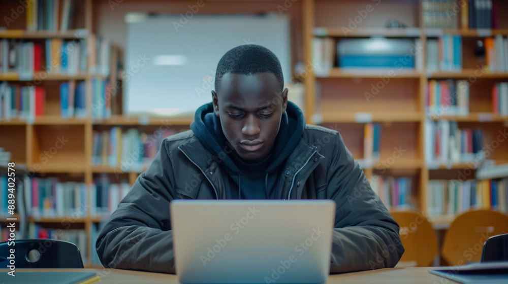 young man studying in a library with laptop young man studying in a library with laptop