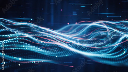 Structured database. Abstract digital wave particle. Digital music background. Sound vibrations. Futuristic dotted wave. Big data analytics. 3D illustration of nano particles in cyberspace.