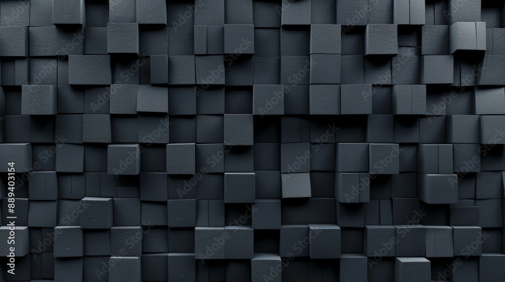 Dark, futuristic background with an offset square block structure. Wall texture containing a 3D cube tile pattern. Dark, futuristic background with an offset square block structure. Wall texture containing a 3D cube tile pattern.