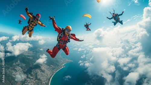 AI generator image of skydivers flying,skydivers are falling against the background of the white clouds 	