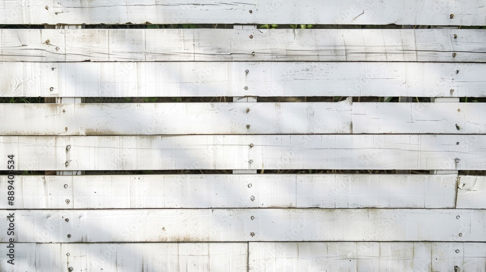 White painted wooden board fence with horizontal strips White painted wooden board fence with horizontal strips