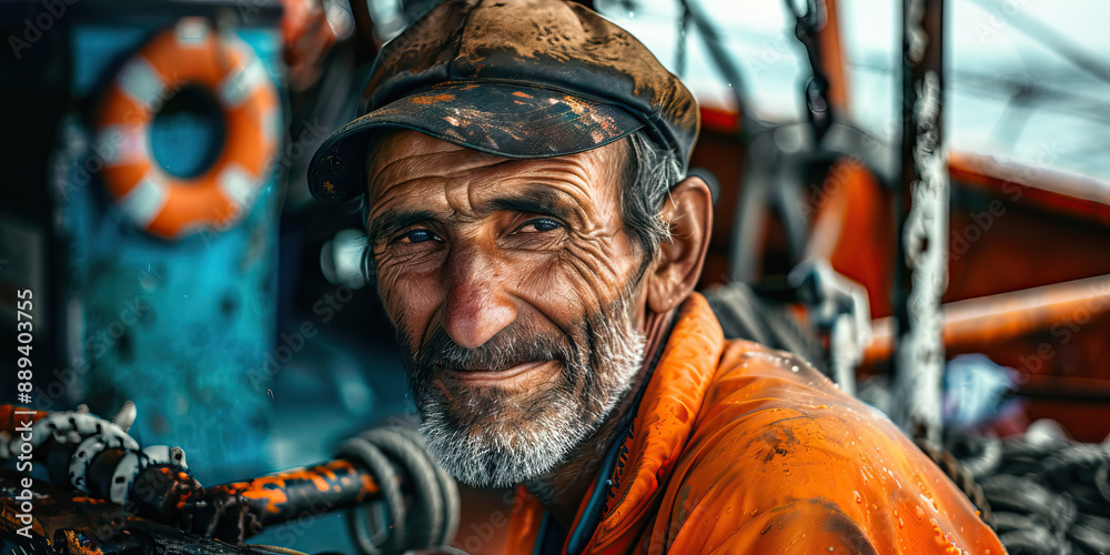 Fishery worker boat vessel captain smile face Fishery worker boat vessel captain smile face