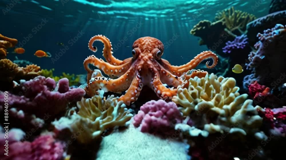 An octopus is swimming among the coral reefs. An octopus is swimming among the coral reefs.