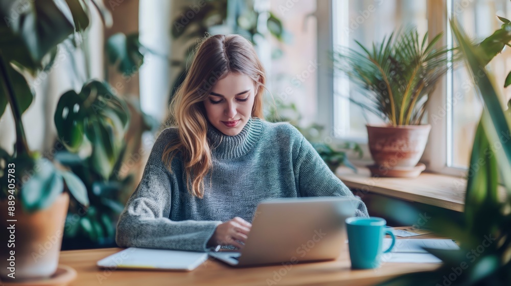Young Woman Engaged in Laptop Work in a Lush Plant-Filled Office Young Woman Engaged in Laptop Work in a Lush Plant-Filled Office