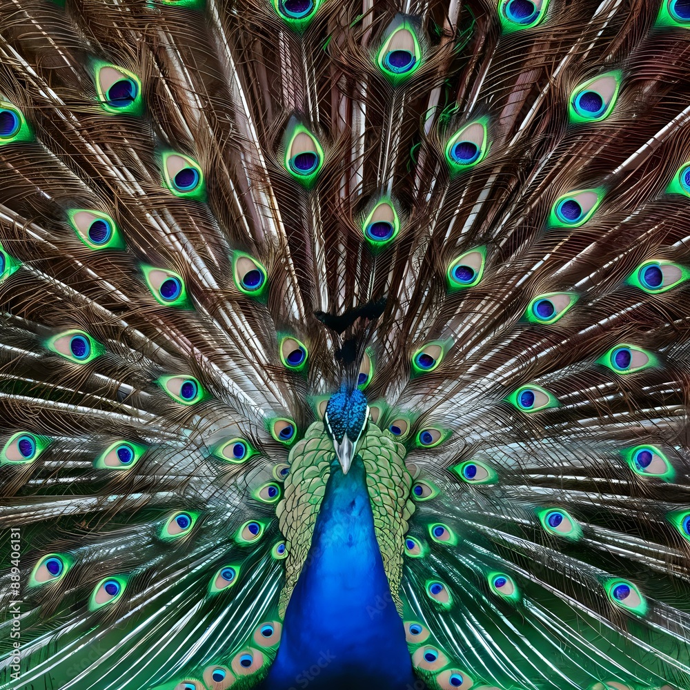 Fototapeta premium Majestic Peacock Displaying Vibrant Plumage