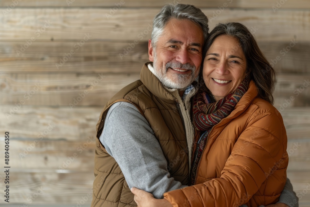 Portrait of a happy latino couple in their 50s dressed in a thermal insulation vest in front of light wood minimalistic setup Portrait of a happy latino couple in their 50s dressed in a thermal insulation vest in front of light wood minimalistic setup