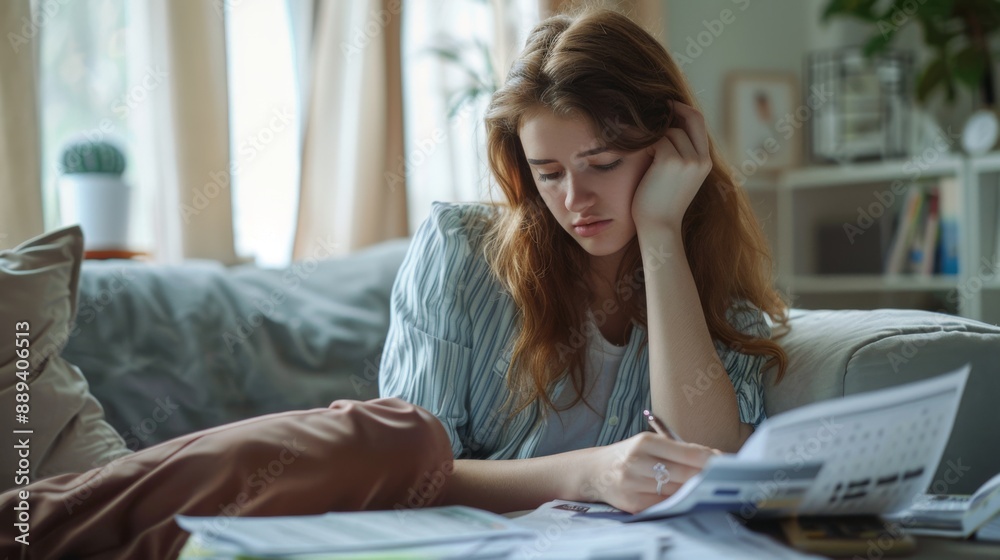 Stressed young woman checking bills, taxes, bank account balance and calculating expenses in the living room at home Stressed young woman checking bills, taxes, bank account balance and calculating expenses in the living room at home