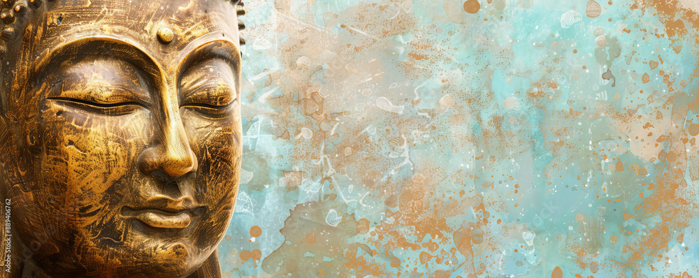 A tranquil golden Buddha face with fine details, illuminated against a soft, pastel blue background. A tranquil golden Buddha face with fine details, illuminated against a soft, pastel blue background.