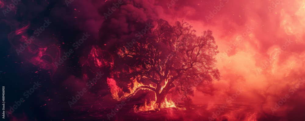Fototapeta premium A tree on fire with intense flames and dark smoke, set against a magenta background, creating a vibrant and alarming image.