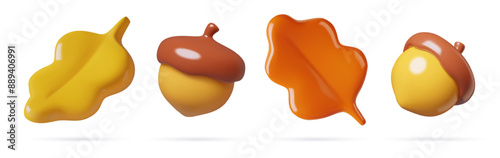 Autumn acorns and red oak leaves 3d render vector design elements set. Cute glossy forest icons collection isolated on white background.