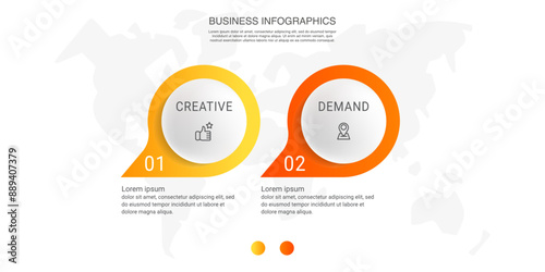 Vector infographics with 2 circles. Modern concept graphic process template with two steps and icons. Timeline for the business project on white background for app, chart, web, diagram