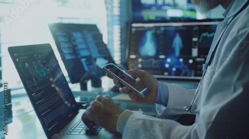 Medical co working concept,Doctor working with smart phone and digital tablet and laptop computer to meeting his team in modern office at hospital