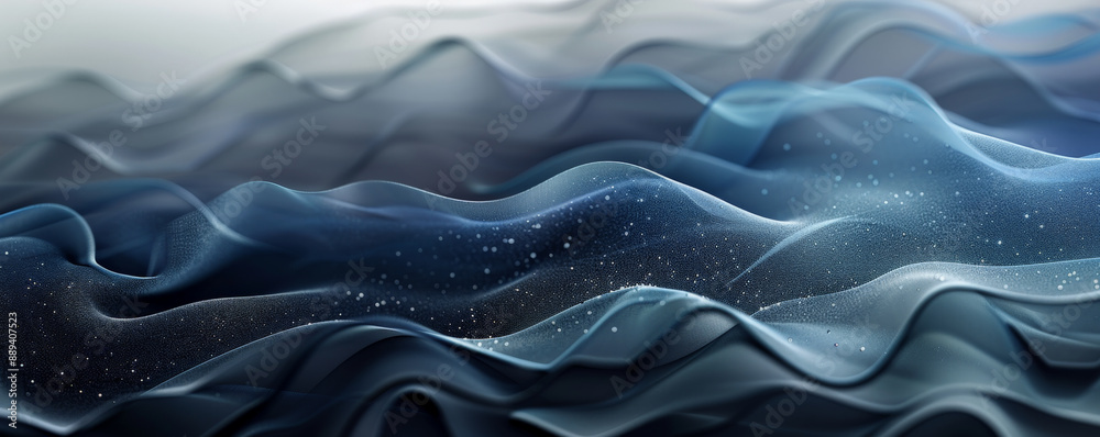 Obraz premium Abstract wavy background with a gradient flow from light blue to deep navy, adorned with sparkling effects that create a cool, refreshing feel.
