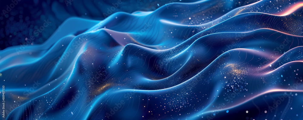 Fototapeta premium Abstract wavy background with a gradient flow from light blue to deep navy, adorned with sparkling effects that create a cool, refreshing feel.