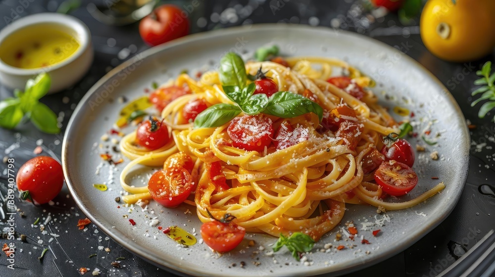 A delectable plate of pasta with cherry tomatoes, basil, and parmesan cheese, perfect for a delicious and fresh Italian meal. A delectable plate of pasta with cherry tomatoes, basil, and parmesan cheese, perfect for a delicious and fresh Italian meal.