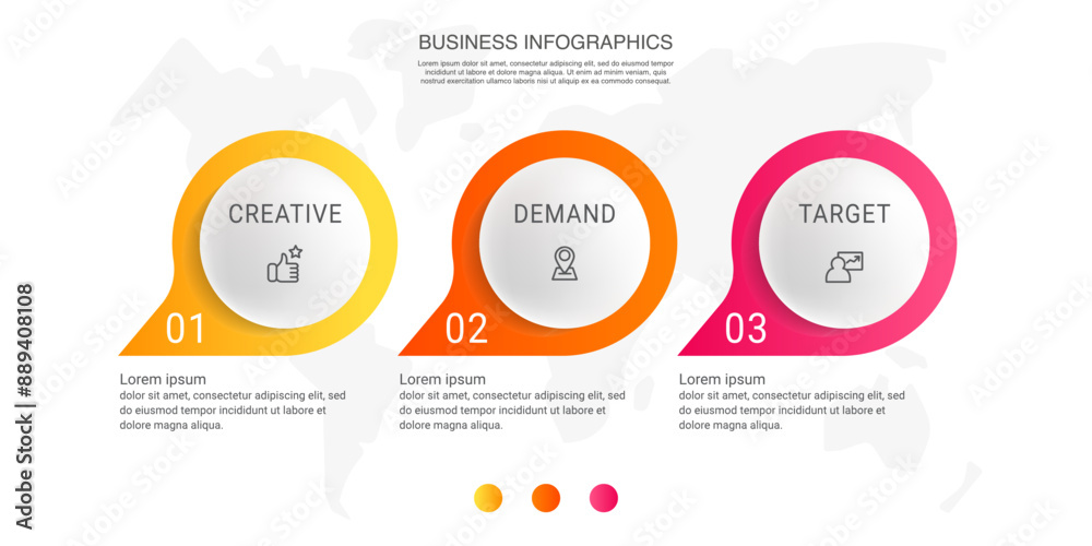 Vector infographics with three circles. Modern concept graphic process template with 3 steps and icons. Timeline for the business project on white background for app, chart, web, diagram