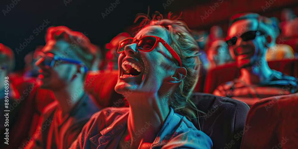 People having fun time at a movie theater laughing People having fun time at a movie theater laughing