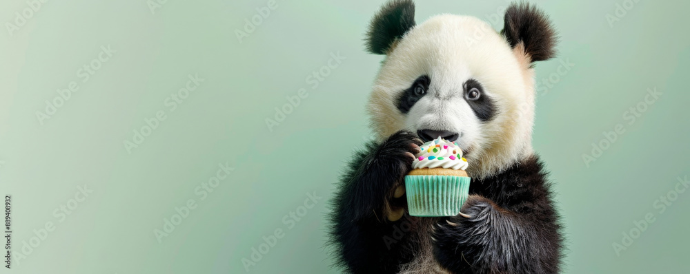An adorable panda bear holding a cupcake with sprinkles, set against a light green backdrop. The panda's fur is fluffy, and the cupcake looks delightful. An adorable panda bear holding a cupcake with sprinkles, set against a light green backdrop. The panda's fur is fluffy, and the cupcake looks delightful.