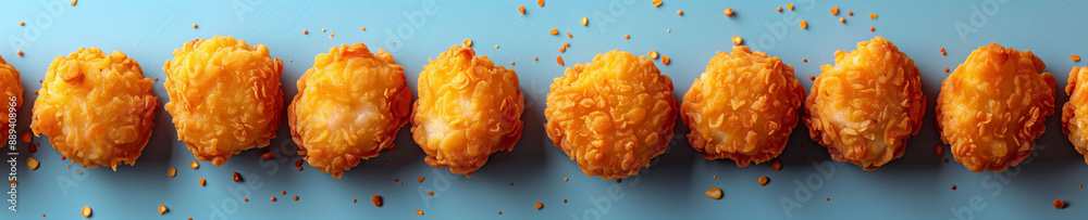 Crispy, golden chicken nuggets arranged in a row on a light blue background, showcasing perfectly fried, crunchy texture, chicken nugget concept Crispy, golden chicken nuggets arranged in a row on a light blue background, showcasing perfectly fried, crunchy texture, chicken nugget concept