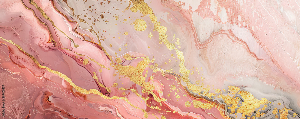 An artistic texture on a wall featuring abstract patterns in shades of pink and gold, creating a playful and elegant ambiance.