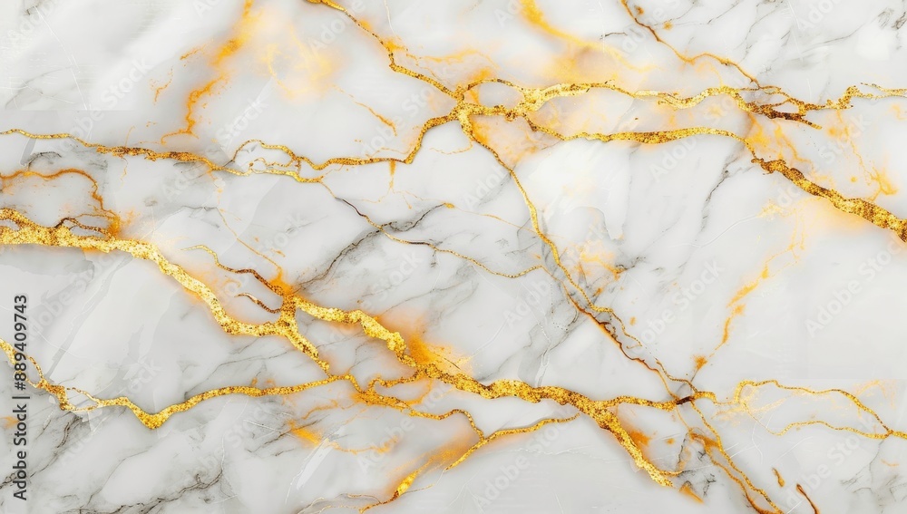 Digital art marble texture background. Gold and white colors. 3D illustration.