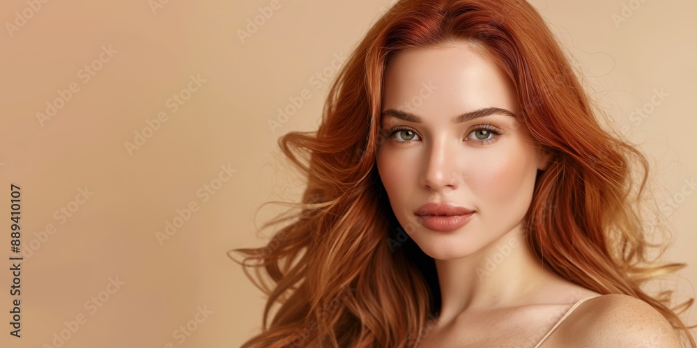 Fototapeta premium Elegant Redhead Woman with Soft Waves and Natural Makeup on Neutral Background