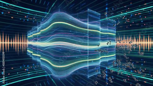 Structured database. Abstract digital wave particle. Digital music background. Sound vibrations. Futuristic dotted wave. Big data analytics. 3D illustration of nano particles in cyberspace.