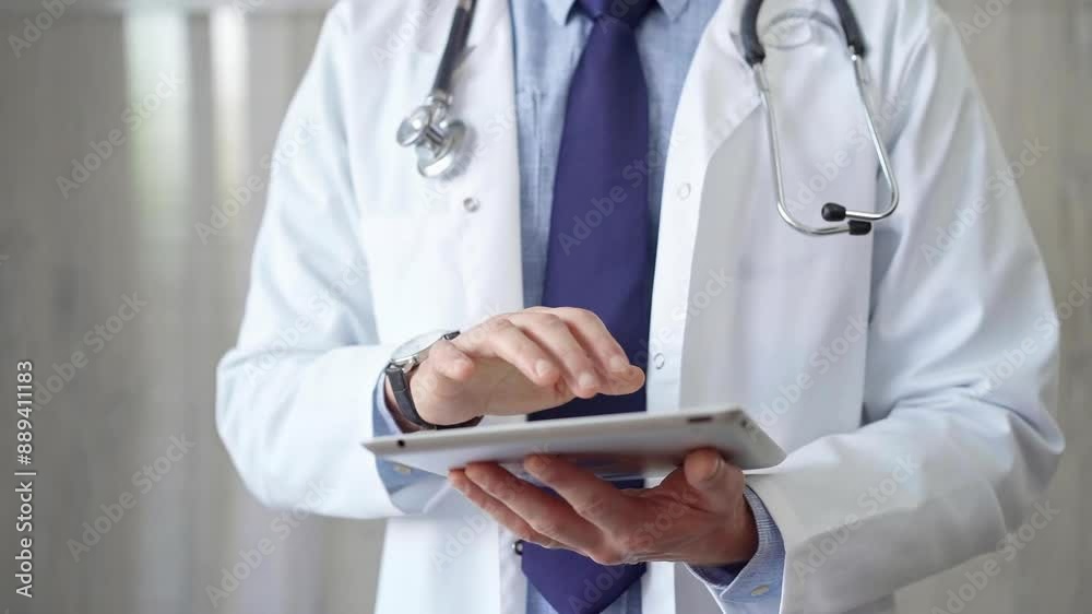 Doctor man wearing lab coat and stethoscope using tablet computer in hospital. Medicine and science Doctor man wearing lab coat and stethoscope using tablet computer in hospital. Medicine and science