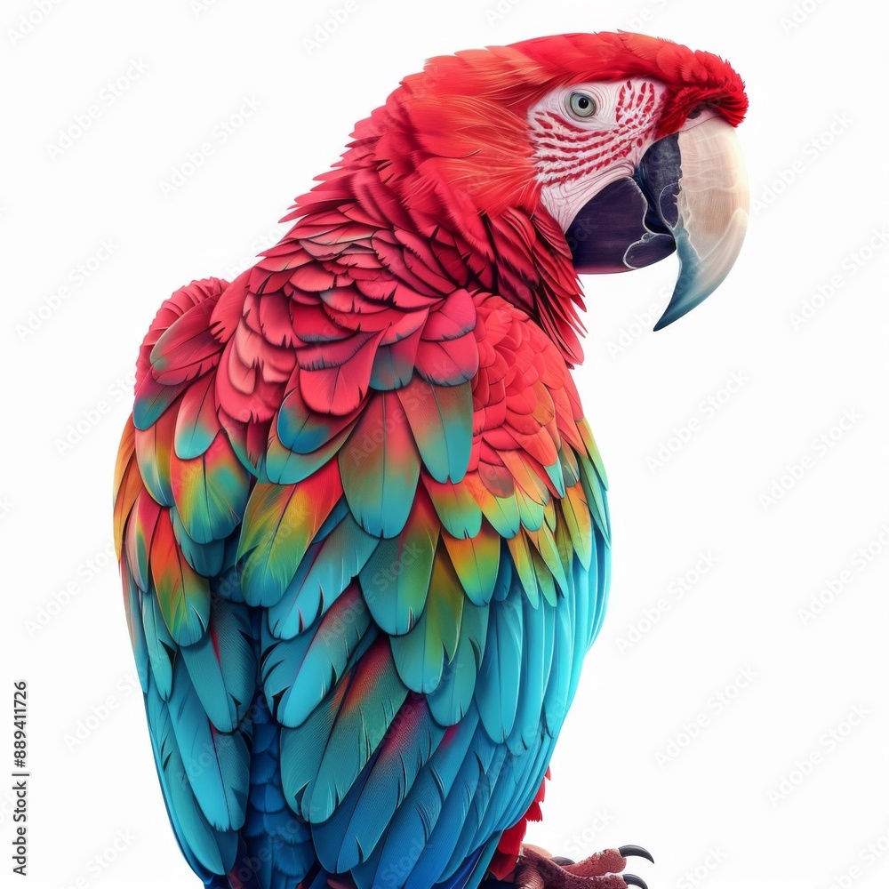 Fototapeta premium A colorful parrot, bird element, realistic illustration, vibrant feathers, isolated on white background