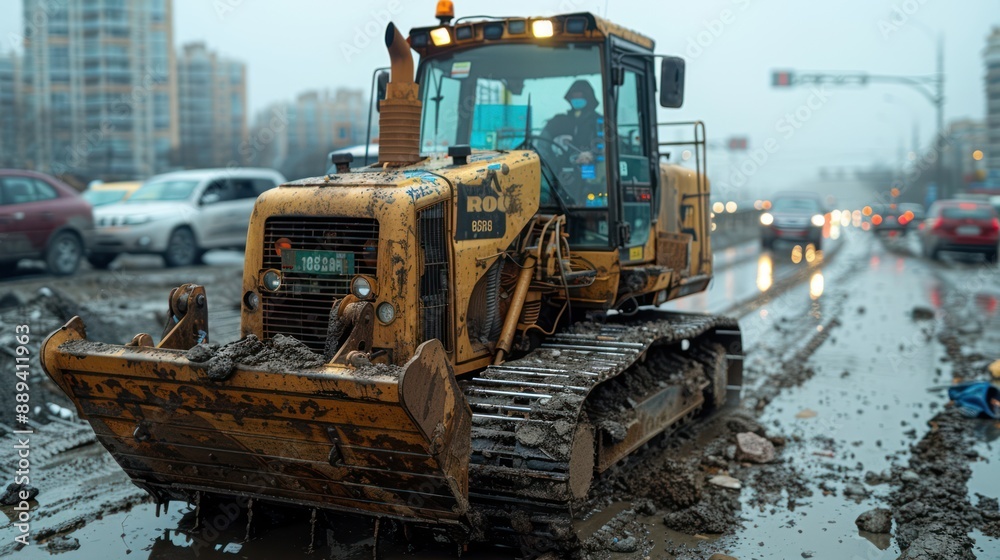 Yellow Bulldozer in the City Yellow Bulldozer in the City