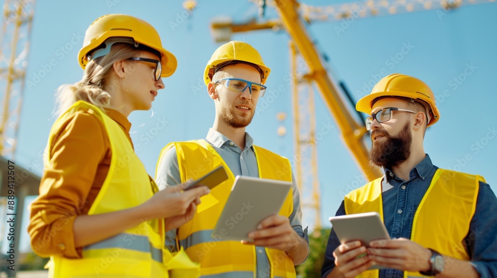 Diverse Male and Female Construction Workers in Yellow Safety Gear Discussing Plans on Tablets at Industrial Site with Machinery and Excavators in Background Diverse Male and Female Construction Workers in Yellow Safety Gear Discussing Plans on Tablets at Industrial Site with Machinery and Excavators in Background