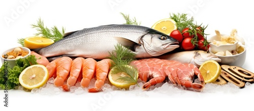 Fresh Seafood Display on Ice with Lemon and Herbs