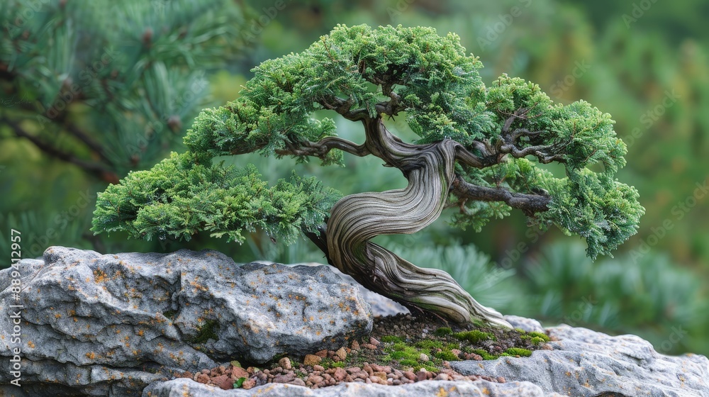 Twisted juniper bonsai tree with green branches in a rocky garden Twisted juniper bonsai tree with green branches in a rocky garden
