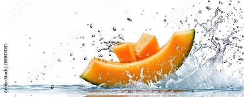 a high speed photo of  Cantaloupe falling down into a water dowl on white background photo