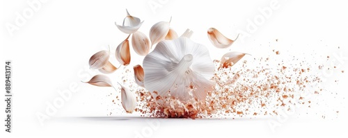 a high speed photo of  Garlic falling down into a water dowl on white background photo