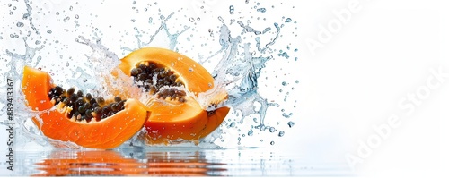 a high speed photo of  Papaya falling down into a water dowl on white background photo