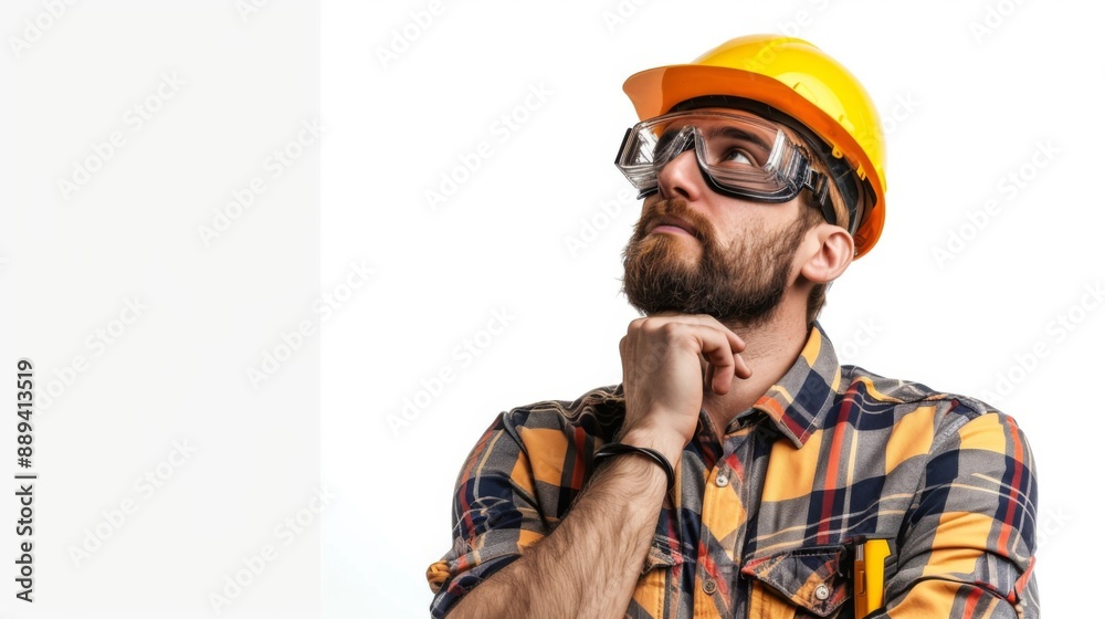 Fototapeta premium profession, construction and building - thinking male worker or builder in yellow helmet and goggles over white background