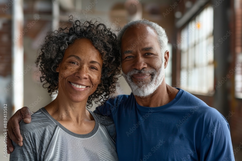 Portrait of a merry afro-american couple in their 40s sporting a breathable mesh jersey over empty modern loft background Portrait of a merry afro-american couple in their 40s sporting a breathable mesh jersey over empty modern loft background