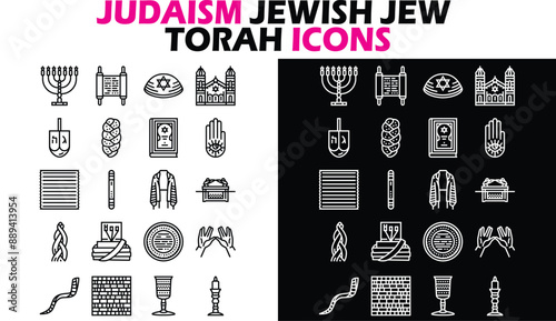 Judaism Jewish Torah Icons,  Judaism religion symbols vector set of icons, Vector black and white Judaism icon set
