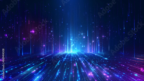 Blue digital background with glowing blue pixel blocks on a dark starry night sky. Background in the style of abstract technology, artificial intelligence and big data concept