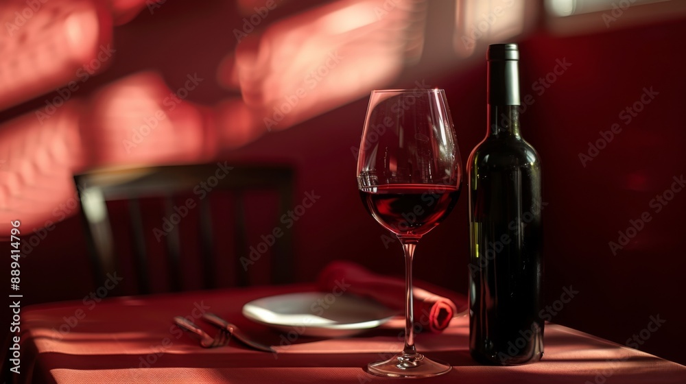 Obraz premium Red wine glass on table next to bottle A simple and elegant scene. Concept Wine, Table Setting, Elegant, Simple, Red Wine